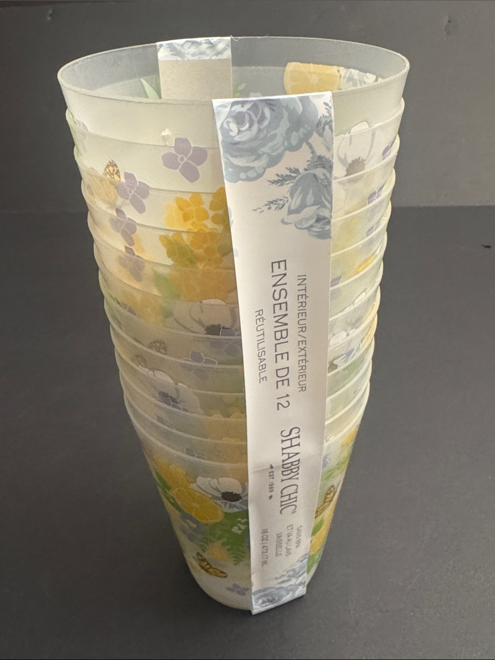 12pc SHABBY CHIC Citrus/Butterfly Floral Reusable Plastic Cups - 16oz